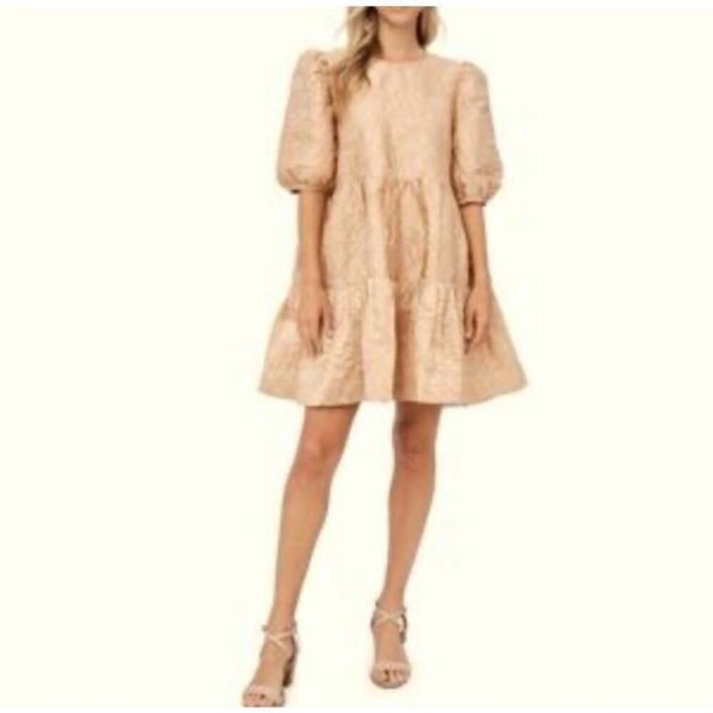 En Saison Babydoll dress‎ Puff Sleeves Gold Jacquard Mini M Embroidered Garden